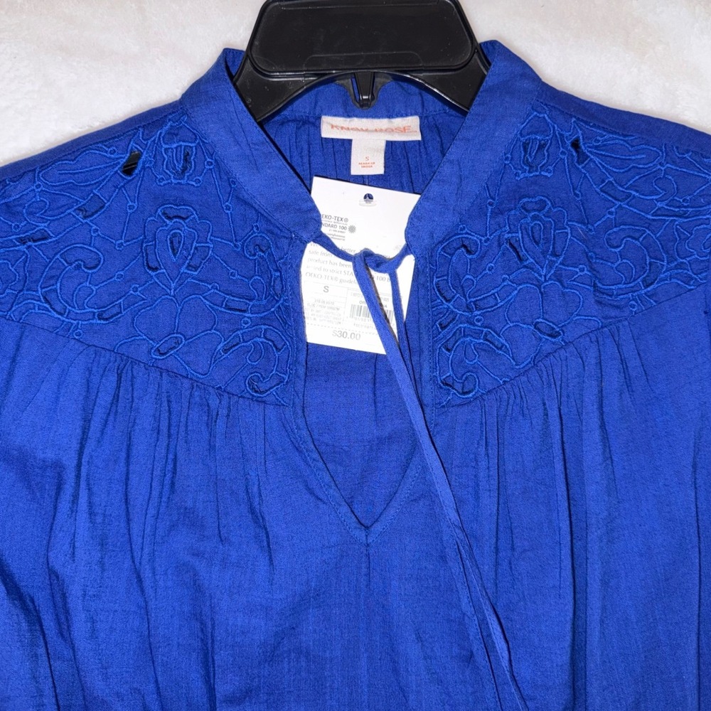 Knox Rose Womens Blue Embroidered Tassel Tie Blouse Short Sleeve Top Small NWT - Picture 4 of 9